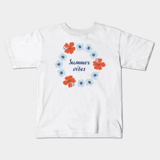 Round floral wreath with bold naive art tropical flowers Kids T-Shirt